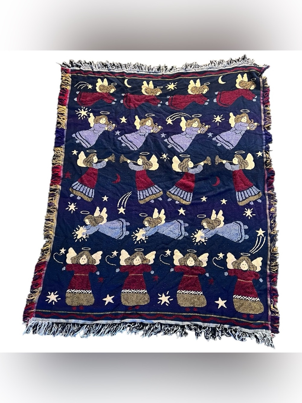 Vtg Crown Crafts Guardian Angel Woven Tapestry Throw blanket 48"x 58”